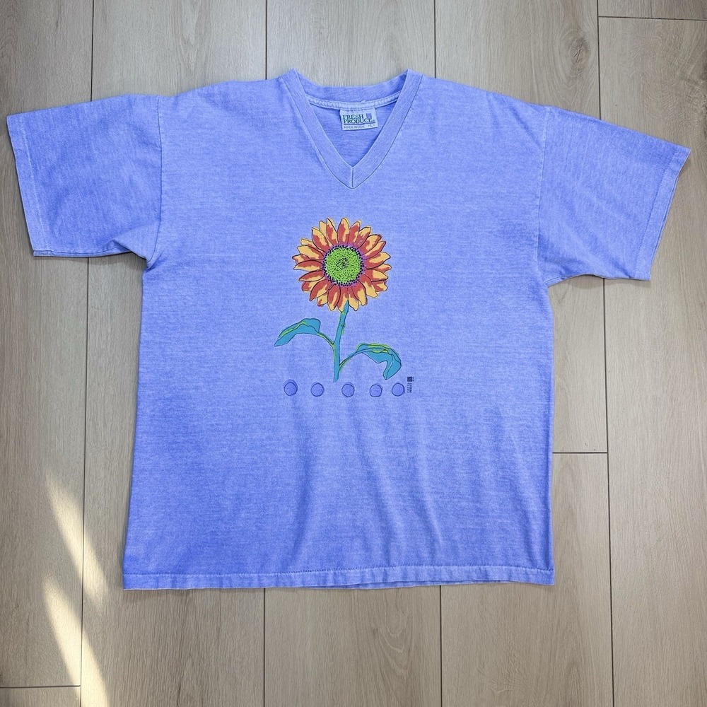 VTG 90s USA Made L Fresh Produce Sunflower Single Stitch Purple V-Neck T-Shirtâ